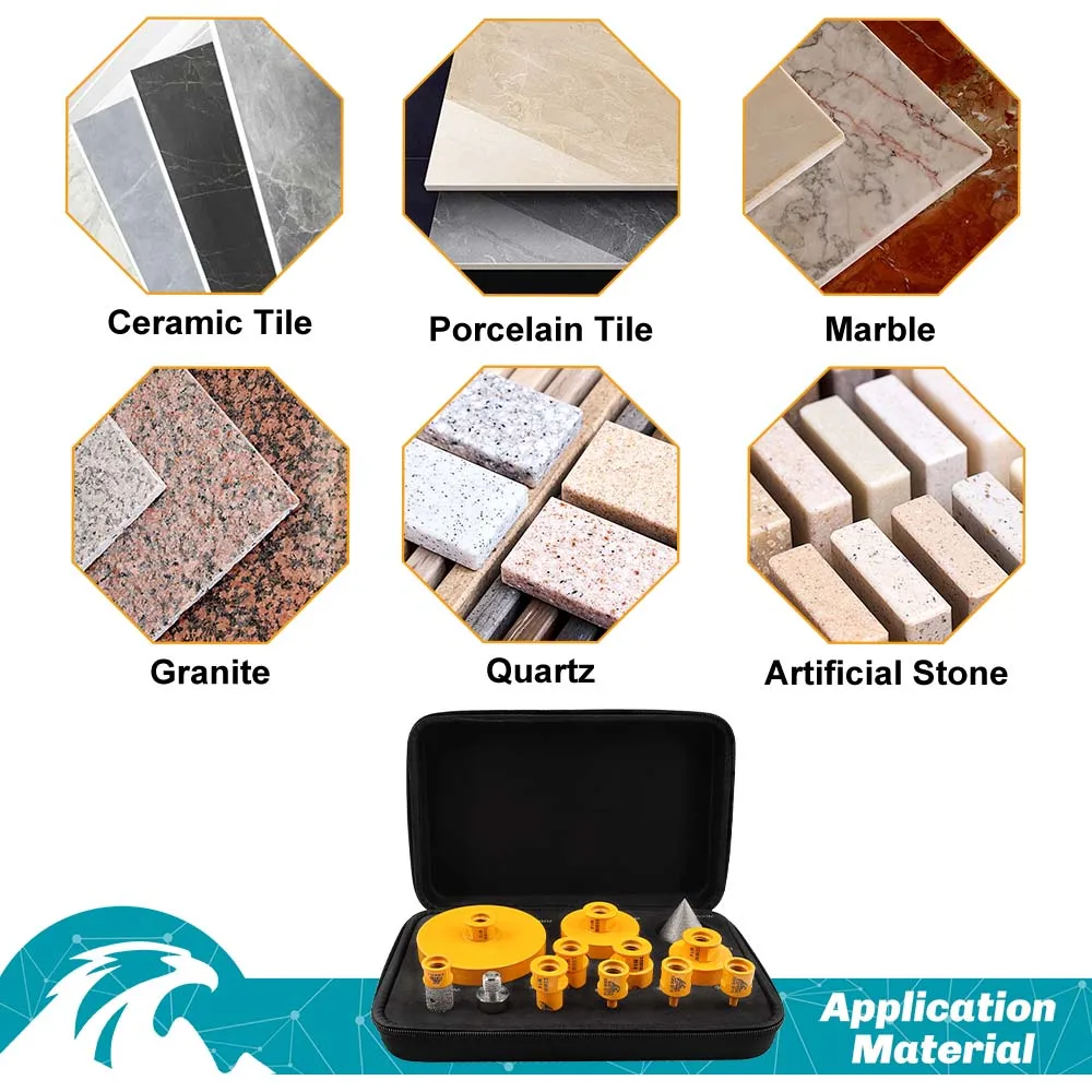 EXFEIN Diamant-Fliesenbohrer-Set, 12-teilig, 6/6/8/20/25/35/50/68/110 mm + 20 mm Fingerfräser + 50 mm abgeschrägte Fasenbits + Adapter – Detail 5