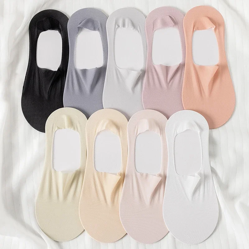 5pairs Women Silicone Anti-slip Invisible Socks Ice Silk Ankle Summer Ultra-thin Breathable Sock Shoe Slippers Low Boat Sock