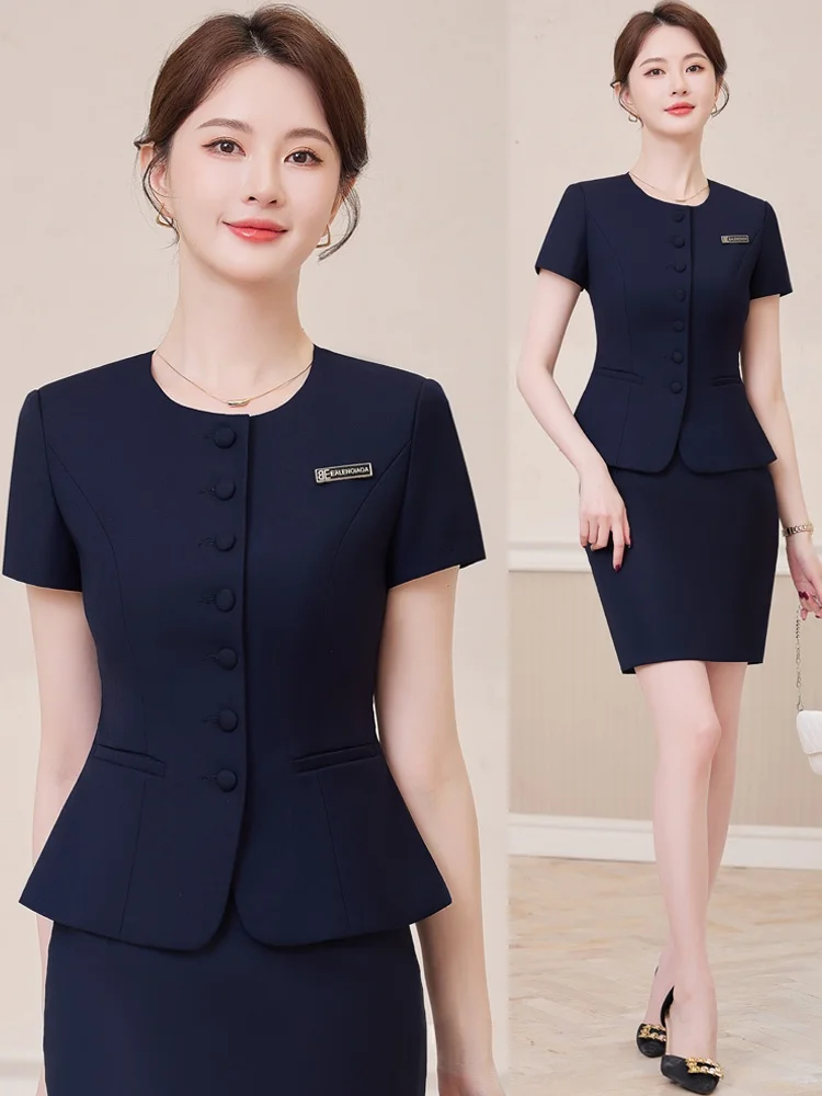 

Синий женский костюм с коротким рукавом, круглым вырезом, приталенный, для офиса, униформа для отдела продаж, юбка