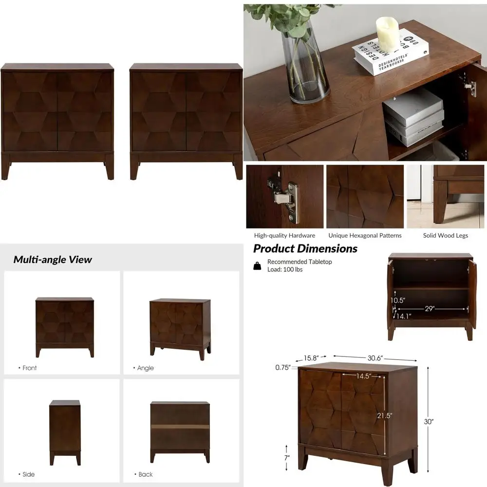 

Solid Wood Legs Adjustable Shelving Accent Cabinet - Walnut Storage Unit for Kitchen, Living Room, Dining, Hallway - 3D Geometri