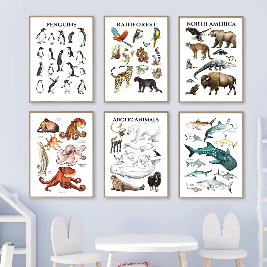 

Animal World Map Rainforest Penguin Montessori Wall Art Canvas Painting Nordic Posters And Prints Wall Pictures Kids Room Decor