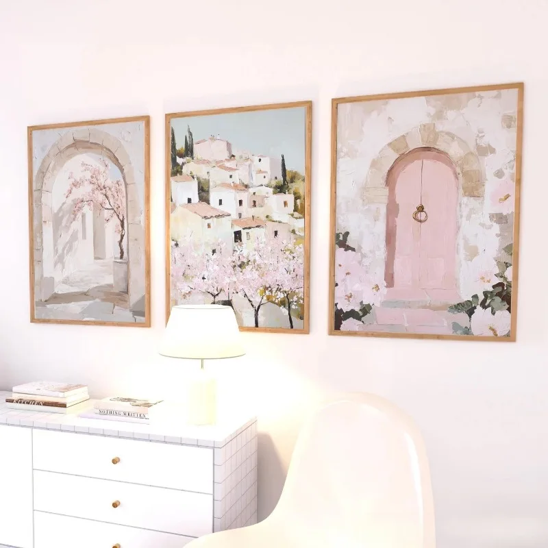 3pcs Soft Pastel Mediterranean Village Wall Art Prints Pink Blossom Arch Door Cozy Cottage Aesthetic Unframed Canvas Painting