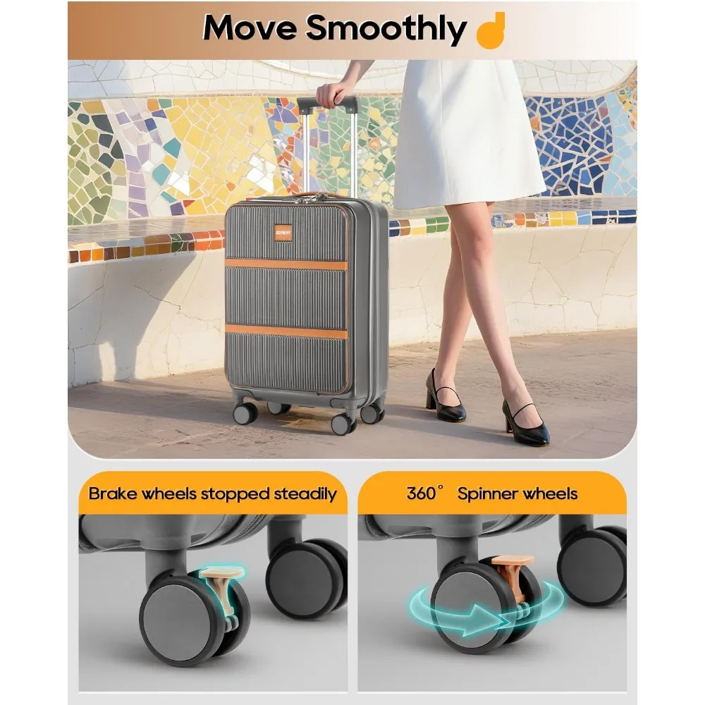 Equipaje de mano de carcasa dura de 20 pulgadas aprobado por aerolínea con bolsillo frontal y portavasos, maleta de viaje para una fácil movilidad