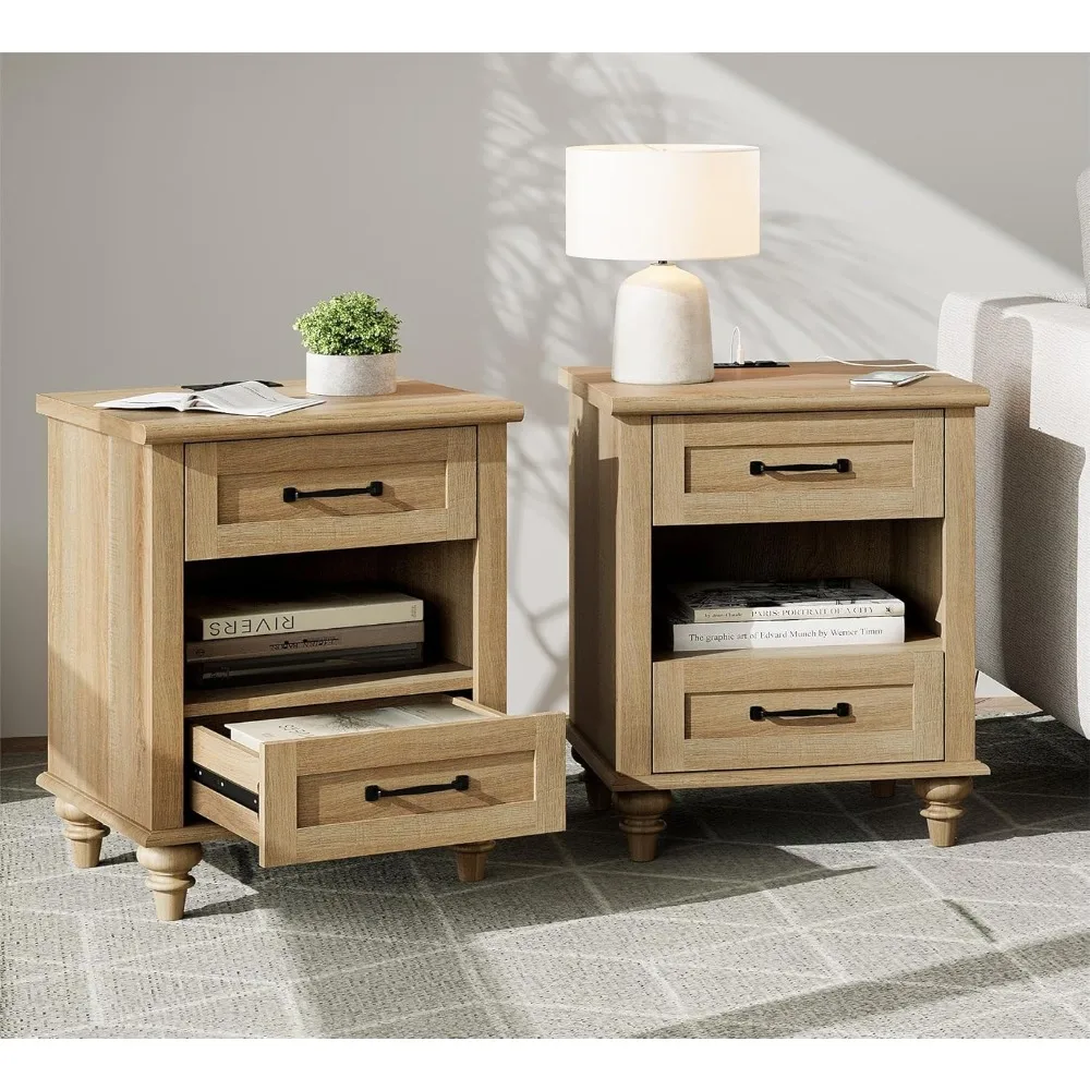 Set of 2 Nightstands with Drawers & Charging Station, Farmhouse Bedside Table with Open Shelf, Nightstand with Solid Wood Feet