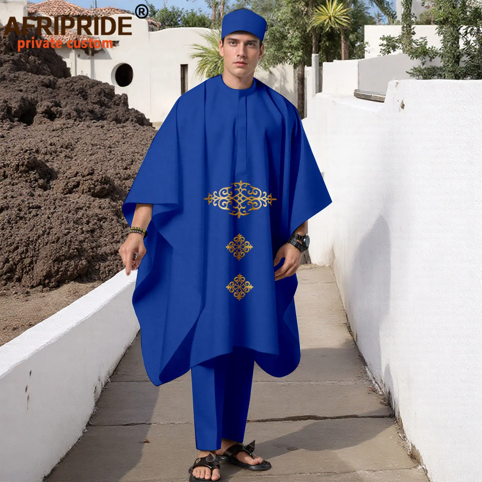 African Clothes for Men Embroidery Plus Size Agbada Robes Shirts Pants and Hats 4 Piece Set for Wedding Evening 2516089