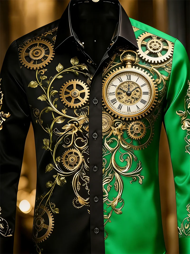 New Men's 3D Time Gear Printed Shirt with High-Quality Patterns, Casual and Fashionable Long-Sleeved Lapel Shirt