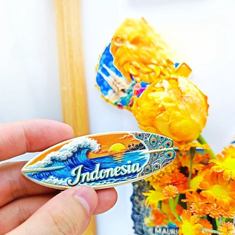 Indonesia Peacock Surf Fridge Magnet - Vibrant 3D Tropical Sport Souvenir Unique Bali Gift for Travel & Beach Home Decor