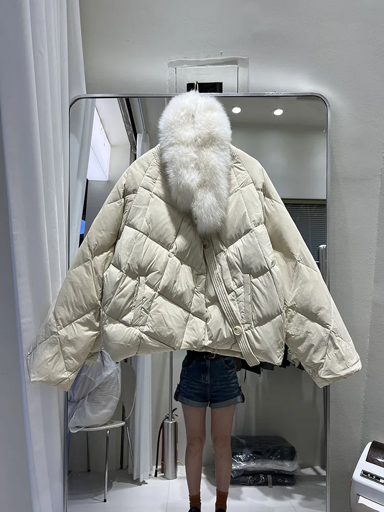 2023 Real Fox Fur Collar Winter Women 90%White Duck Down Jacket Ladies Short Warm Puffer Coat Female Loose Vintage Parka