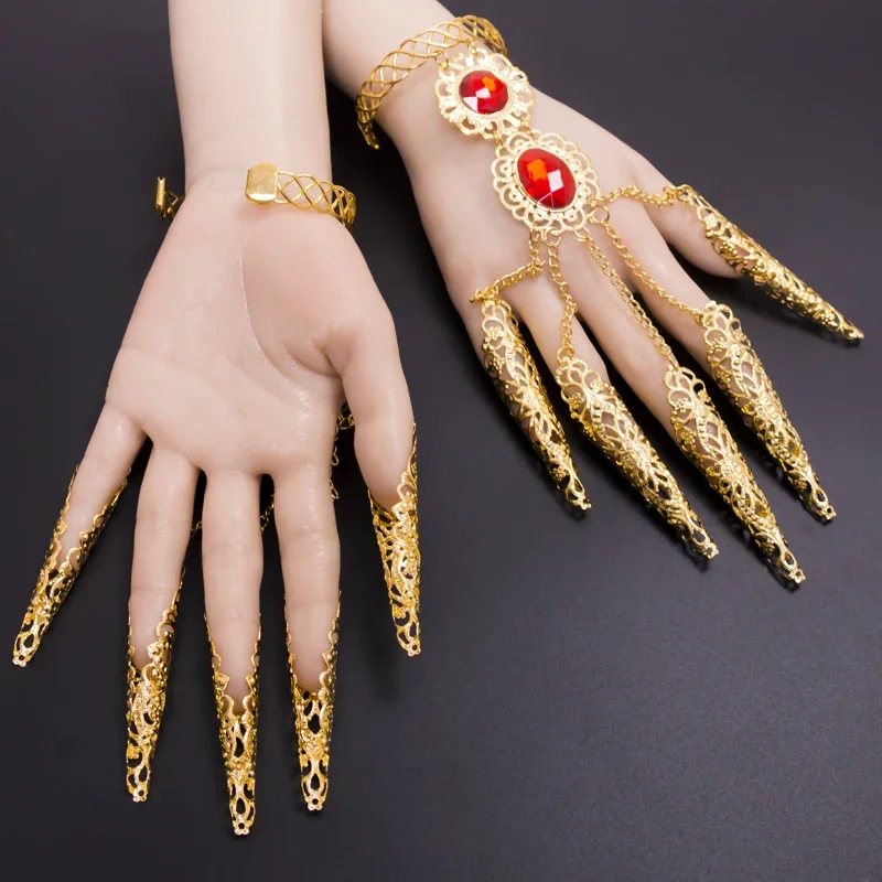 1pc India Belly Dance Bracelet Thai Golden Finger Bracelet Red Crystal Belly Dance Hand Jewelry Bracelet One Size For Adult Kid