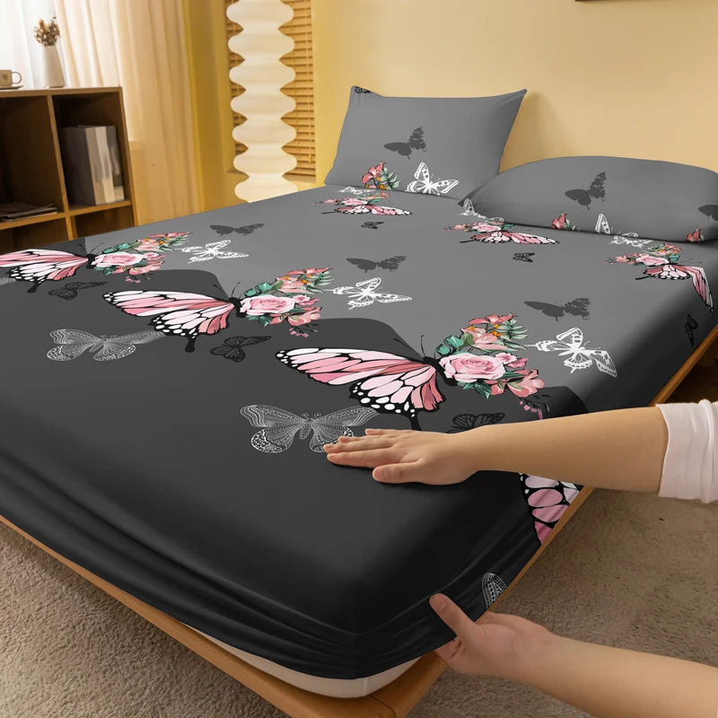 1 Simple modern Plant Flower Butterfly printed matte Fitted Sheet, bedroom printed bed cover, bedding (excluding pillowcases)