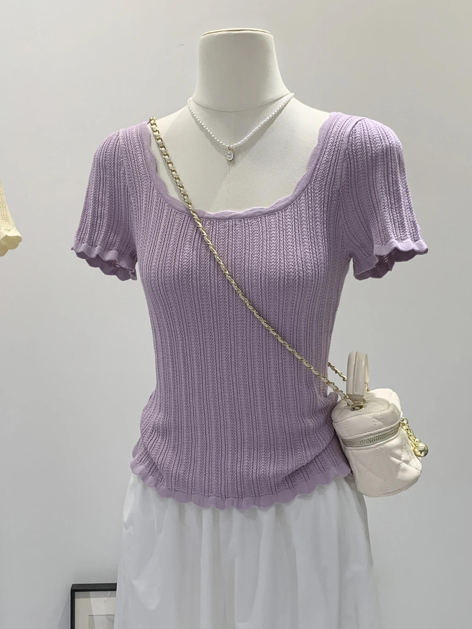 Slim Fit Korean Style Knitted Top Square Collar Short Sleeve Striped Women's Summer Fashion Casual Wear Polyester Blend