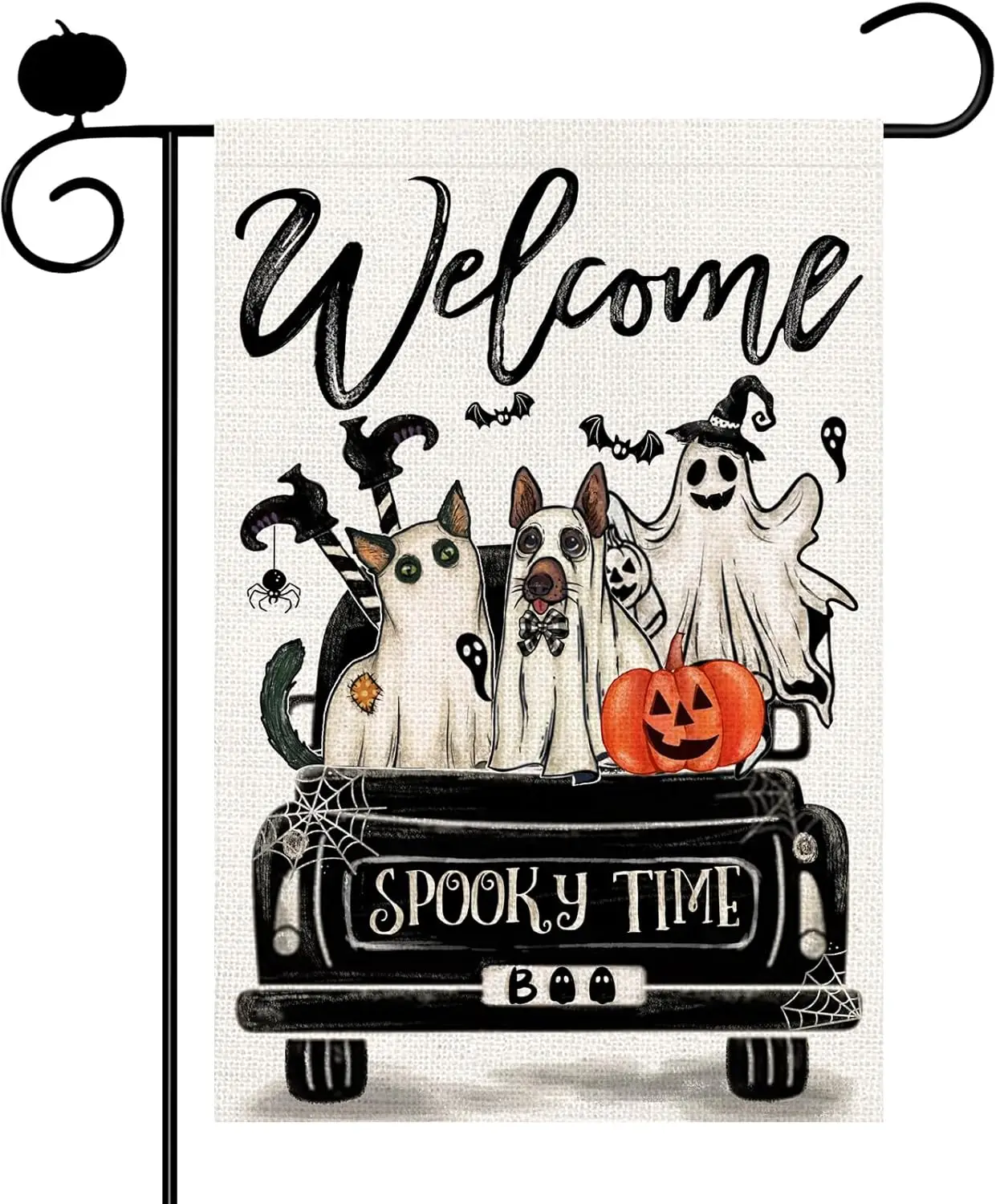 Halloween Cat Truck Garden Flag 12x18 Inch, Double Sided for Outside Small Burlap Welcome Garden Flag Ghost Pumpkin Seasonal IIC
