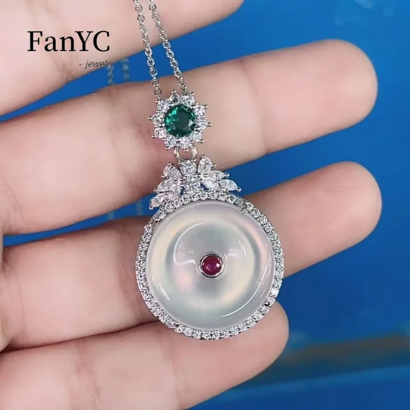 

925 Silver-plated Inlaid White Chalcedony Amulet Pendant Exquisite Luxury Ice Agate Jade Necklace Fine Jewellery Ladies Gift