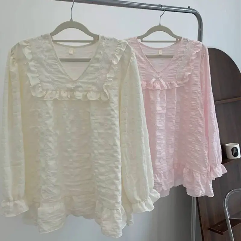 Women's Pajama Set Princess Collar Long Sleeve Loose Fit Sweet Style Long Pants Spring Autumn Thin Home Clothes