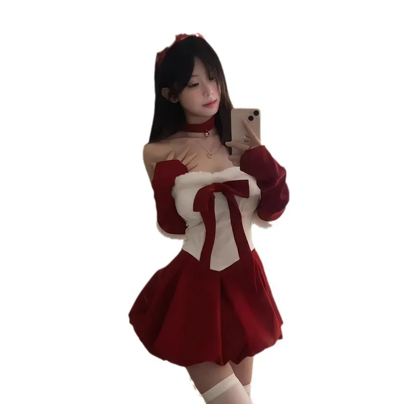 

Christmas Outfit For Women Sexy New Year Halloween Holiday Dresses Bunny Cosplay Velvet Red Dress Santa Party Performance Dance