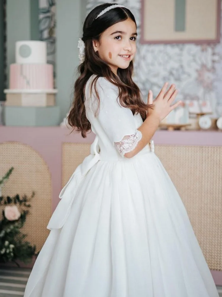 Vestidos da menina de flor branco cetim rendas apliques com arco meia manga para festa de aniversário de casamento banquete vestidos de princesa