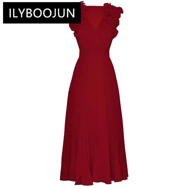 

ILYBOOJUN Fashion Designer spring Summer Women's Dress Sexy V-Neck Sleeveless Tiered Ruffles Wine Red Elegant Slim Dresses