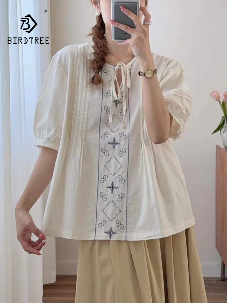 

New 2026 Summer Women Cotton Short Sleeve Shirt, Stand Embroidery, Mori Girl Fashion Commute Preppy Style Loose Blouse T64182CC