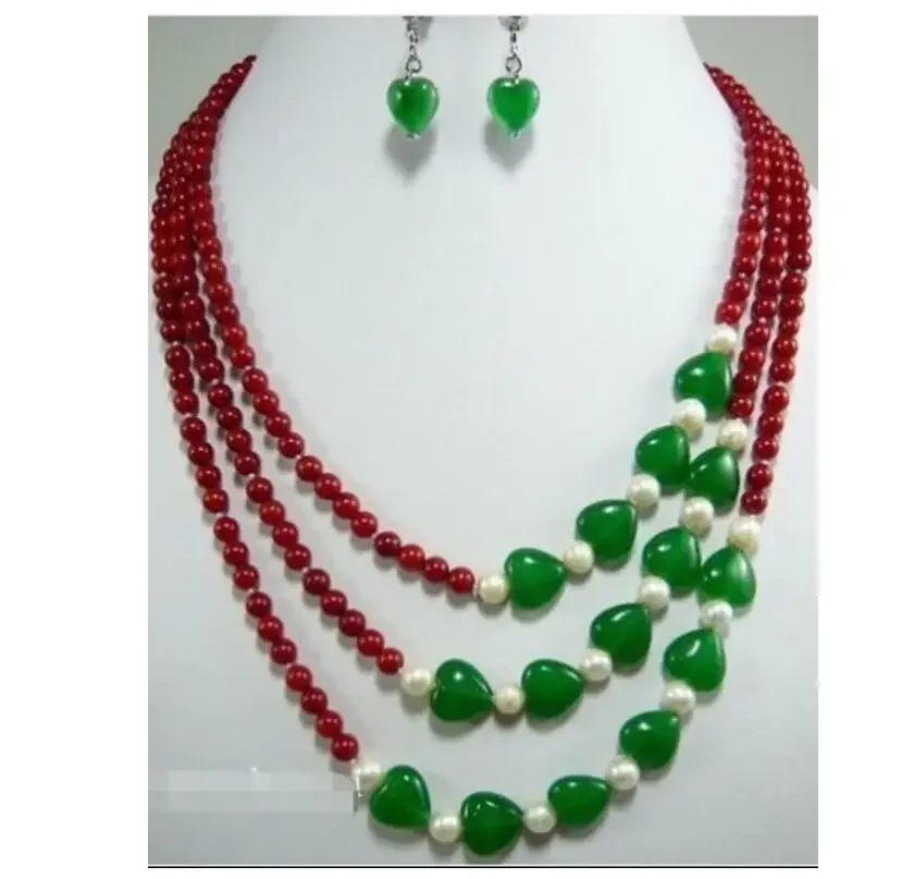 Beautiful Jewelry 3Row 6mm Red Coral& Green Jade Necklace Earring set Natural jewelry