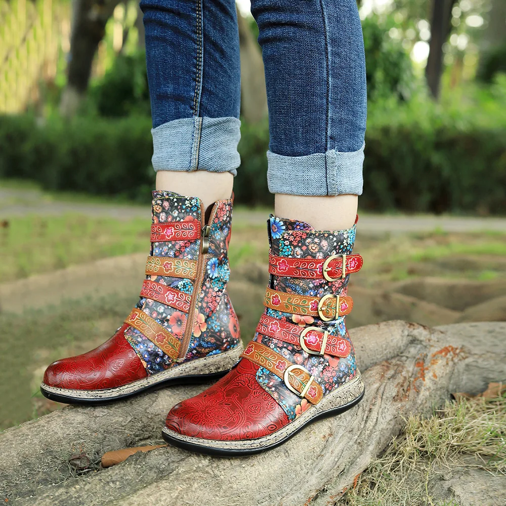 Socofy Raffan Stivali da donna casual piatti comodi floreali retrò