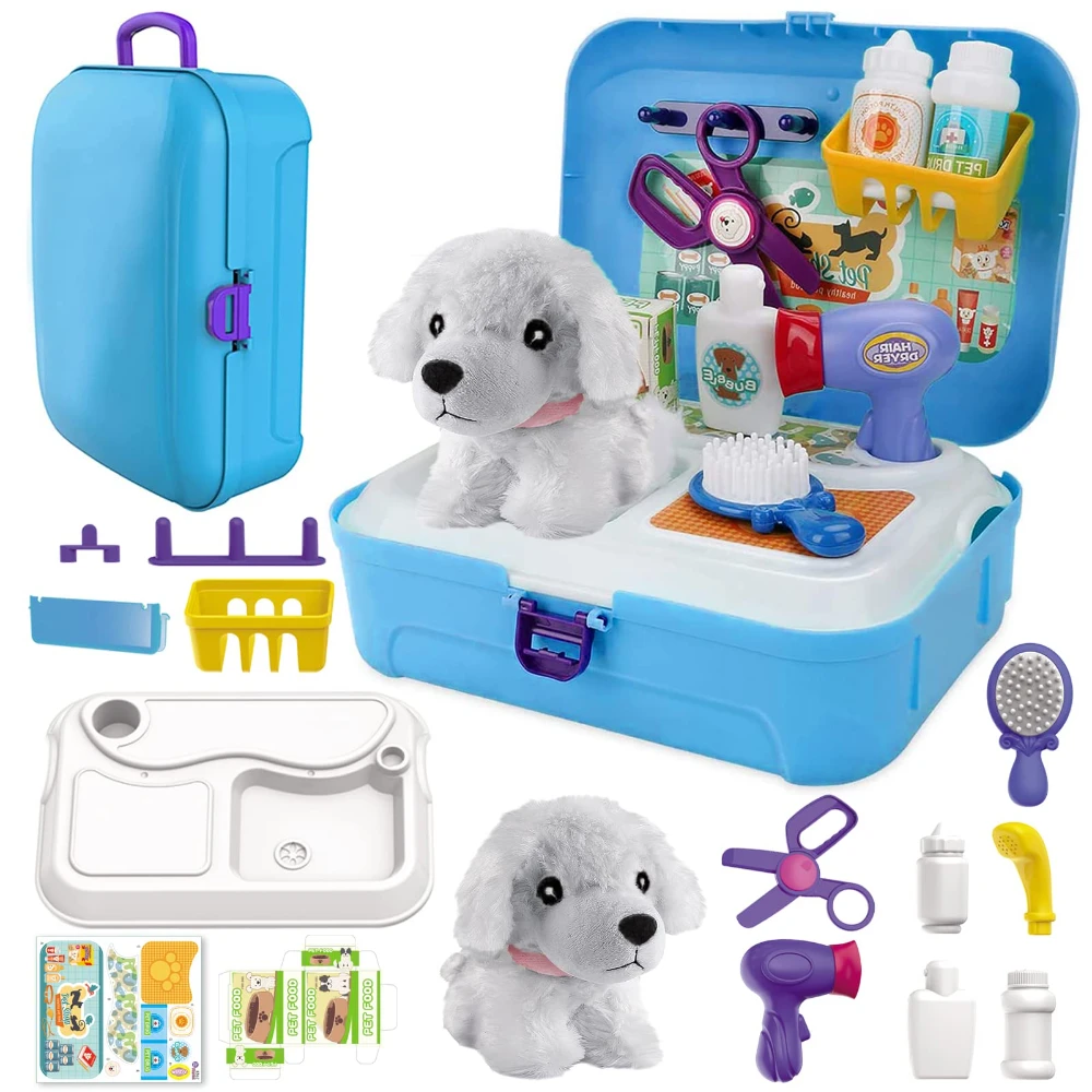 Kit de médico para crianças WizKidz com cachorro de pelúcia e mochila para cuidados, tosa e alimentação de animais de estimação, brinquedos de brincadeira de faz de conta para meninos e meninas a partir de 3 anos