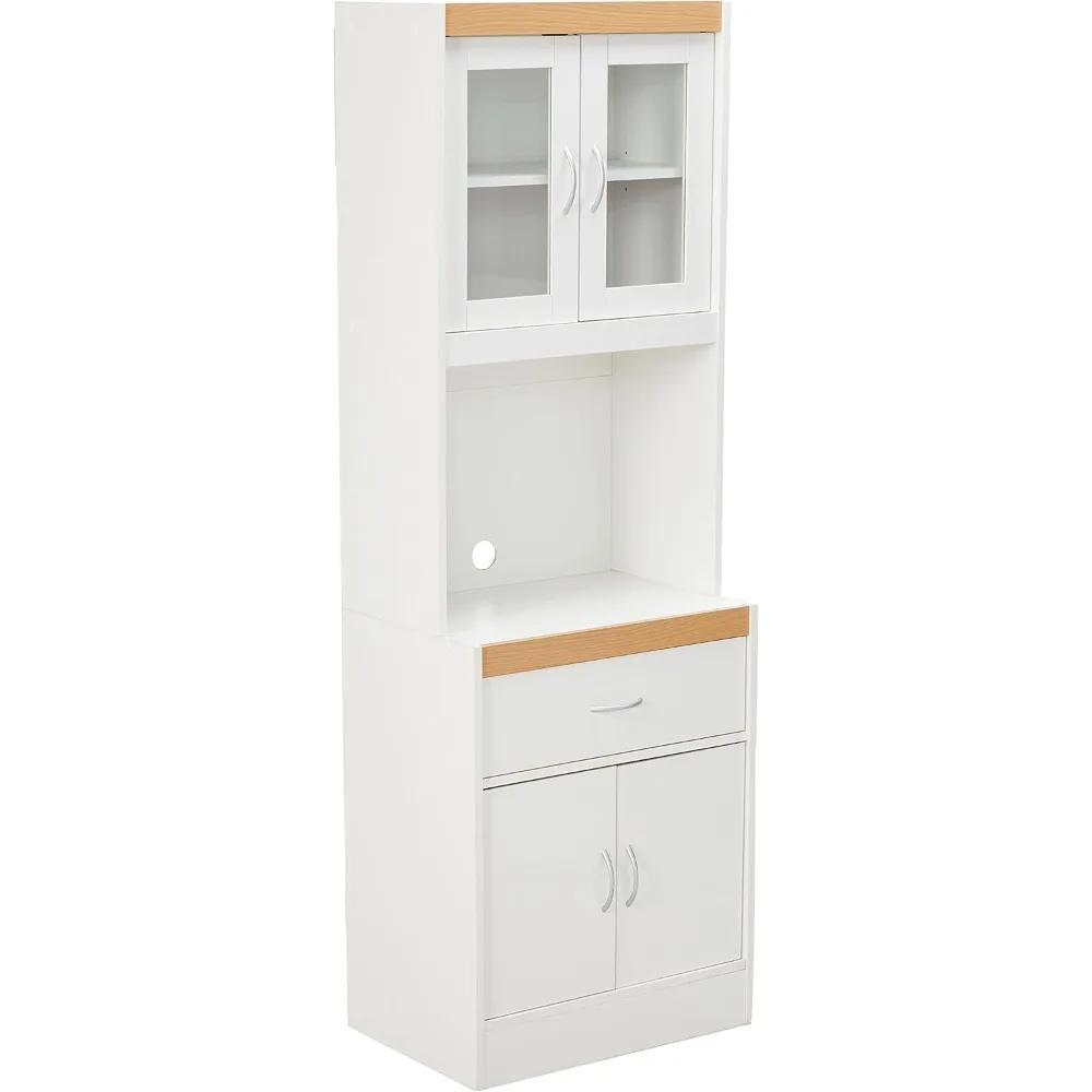 

Long Standing Kitchen Cabinet with Top and Bottom Enclosed Cabinet Space, One Drawer, Large Open Space for Microwave, White