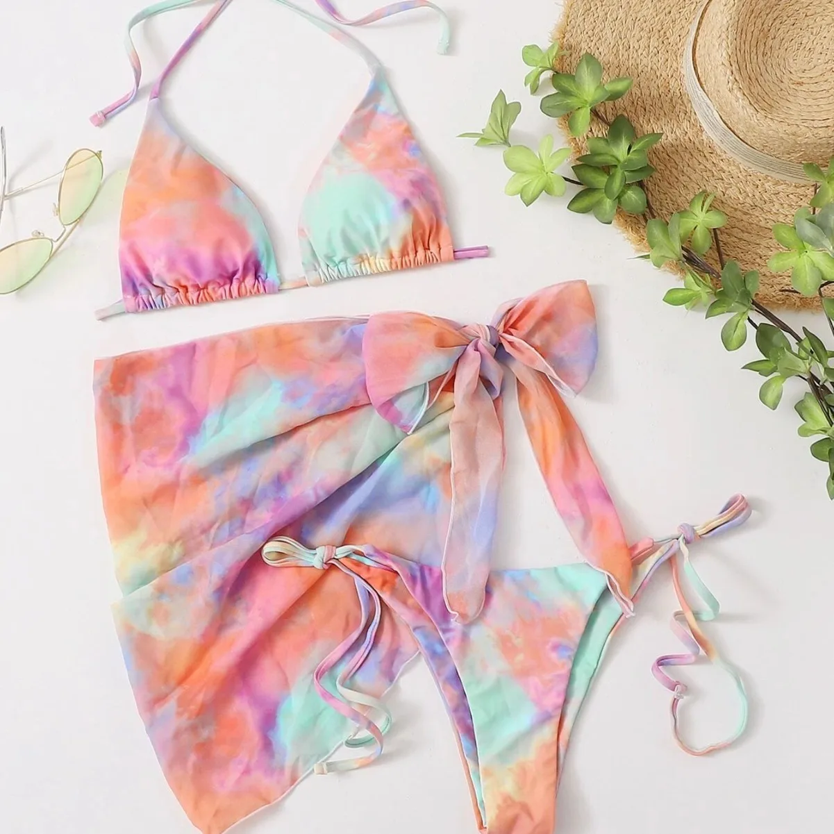 Ensemble de bikini imprimé tie and dye pour femmes, micro mini string, trois pièces, sexy, jupe à nœud, cover-up, maillot de bain, maillots de bain, mode, 2024