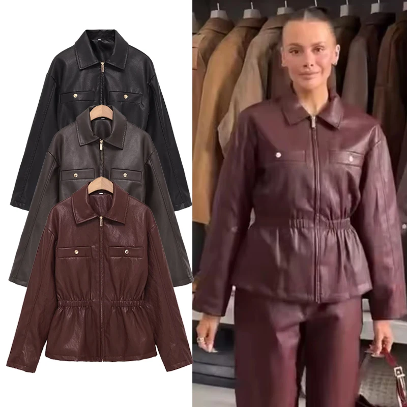 

Стильные повседневные однотонные куртки из искусственной кожи для женщин с отложным воротником, длинными рукавами и молнией, весна-осень 2026, новая коллекция верхней одежды