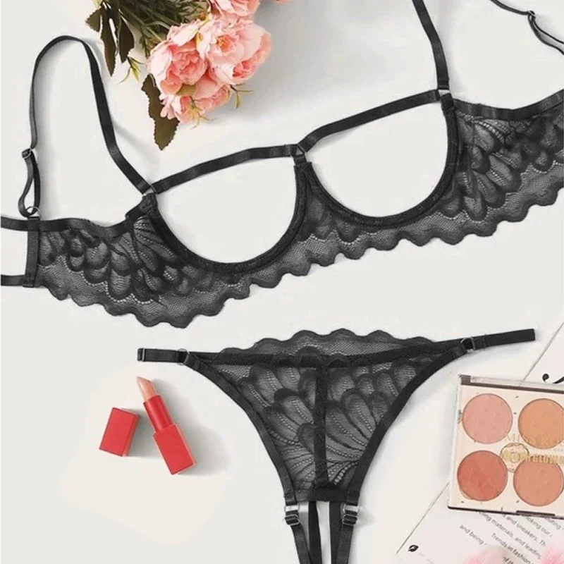 

2-piece Set Showing Breasts Sexy Interesting Underwear Women Solid Color Mesh Hollow Out See-through Sexy Lingerie Set