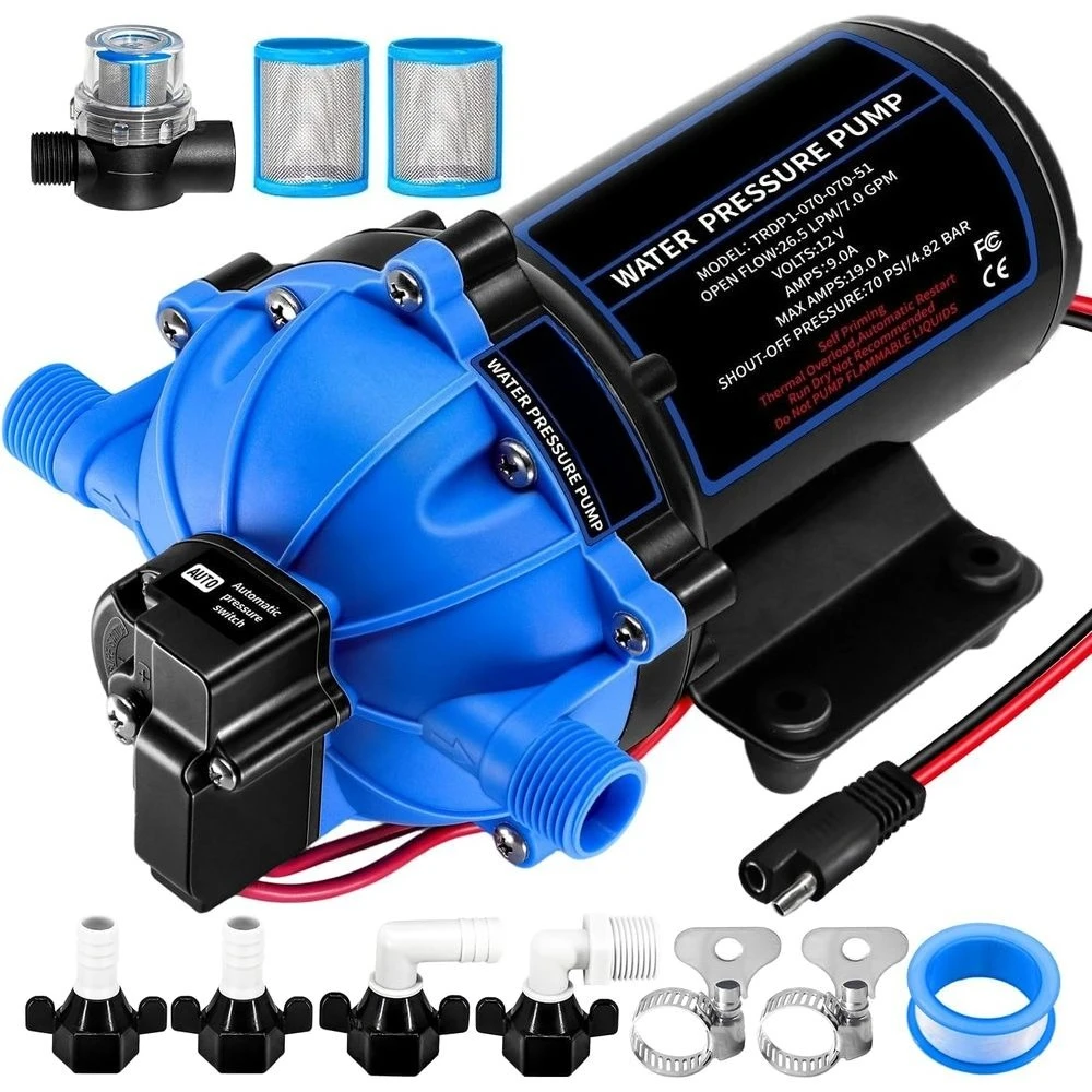 12V 7.0 GPM 70 PSI Diaphragm Pump, 5-Chamber Self-Priming for RV, Marine, Yacht, and Pressure Wash - 1/2 MNPT