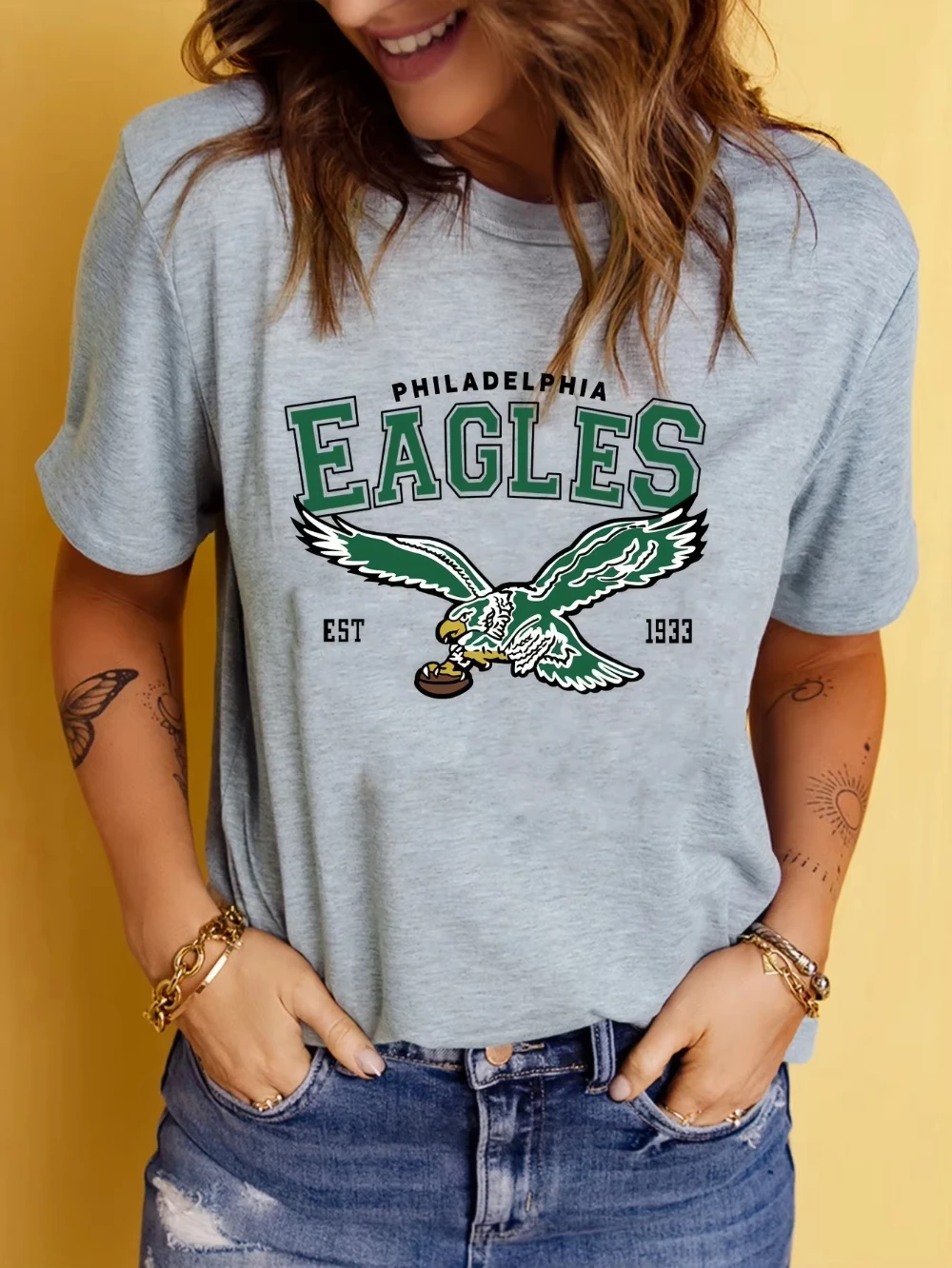 Eagle Print Neues modisches Damen-T-Shirt mit Rundhalsausschnitt und Sommer-Trend-Druckmuster, lässige Alltagskleidung für die Straße – Detail 4