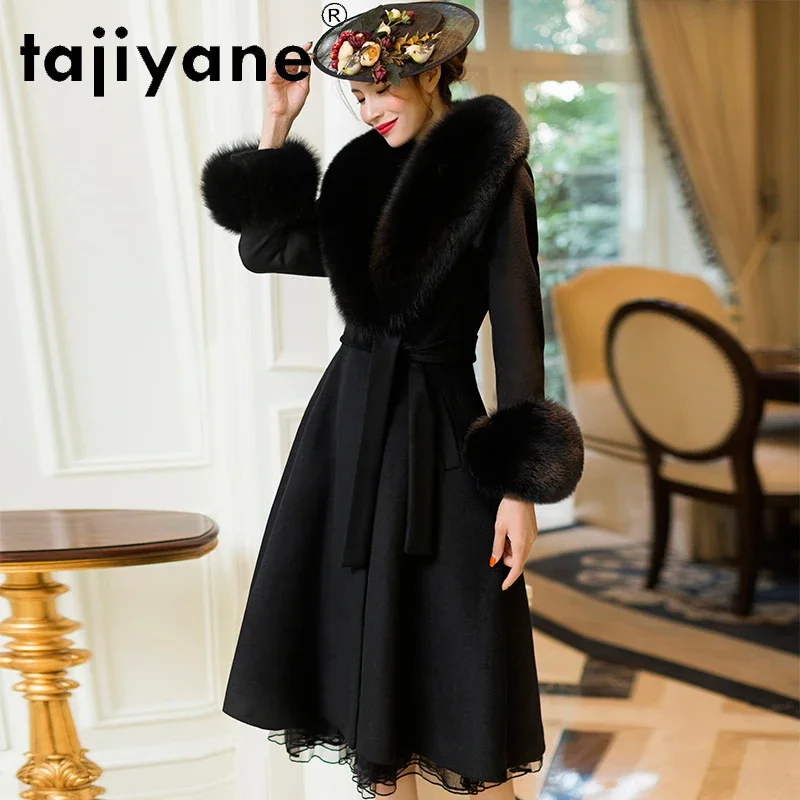 Tajiyane Coats for Women Real Wool Jacket Women\'s wool Long Coat Woman 100% Fox Fur Collar Jackets Elegant Casacos TN1447