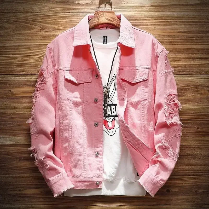 Men\'s Denim Jacket with Hole Ripped Male Jean Coats Autumn White Korea Fashion Original Winter 2025 Korean Popular Clothes Lxury