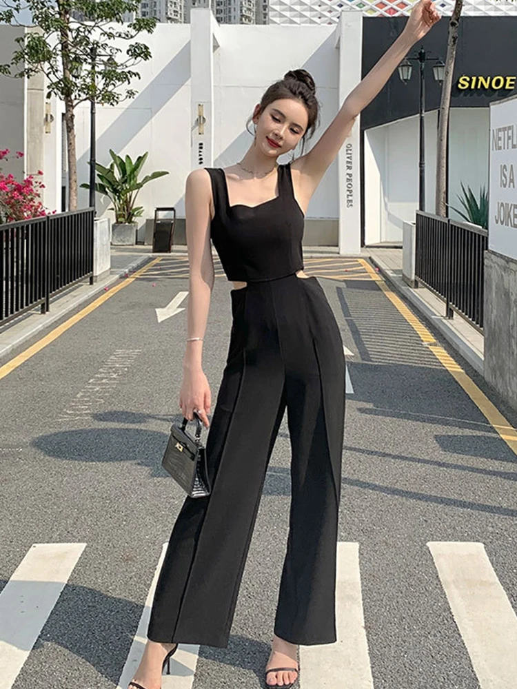 Y2K Fashion Elegant Women Jumpsuits Chic Black Hollow Sexy Strap Backless Party Beach Femme Mujer Wide Leg Loose Rompers Summer