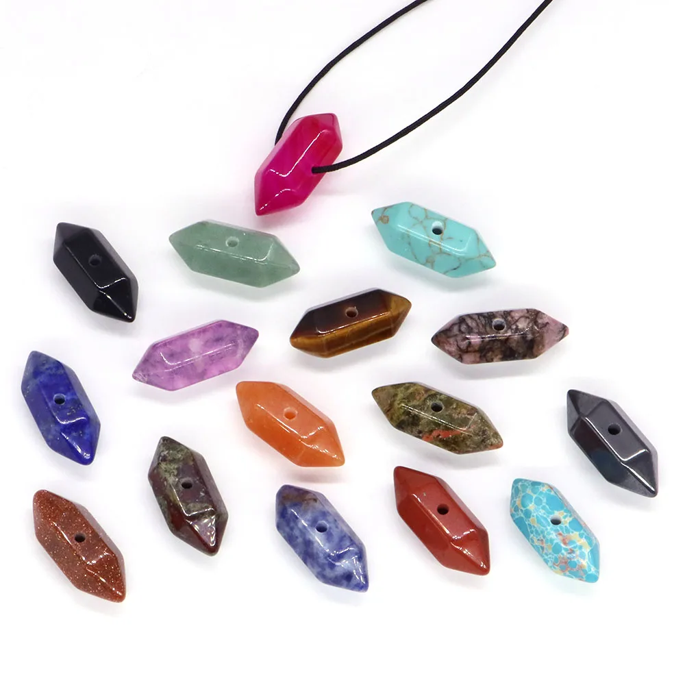 Wholesale 20x8mm Mini Hexagonal Prism Middle Hole Gemstone Accessories Natural Stone Crystal Pointed For Diy Jewelry Handicrafts
