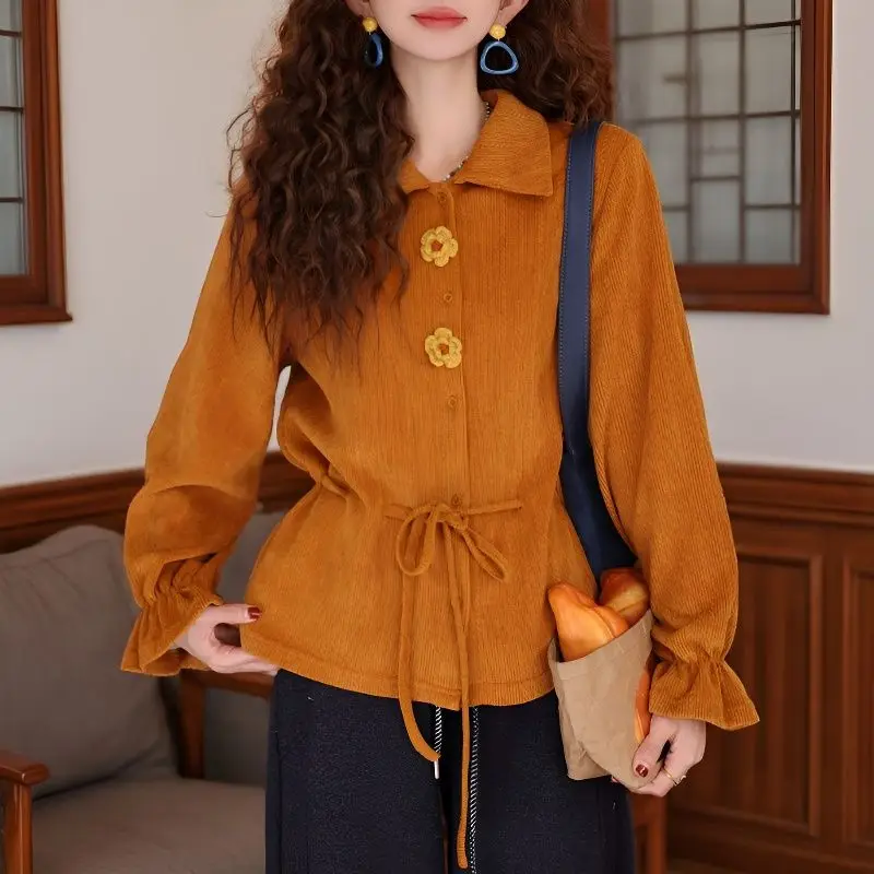 

Retro design 2026 long-sleeved new drawstring versatile fashion loose top Hong Kong style shirt