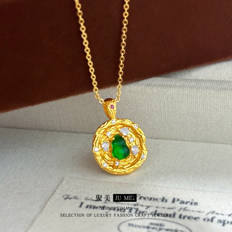 

Luxury 24K 9999 Pure Gold real gold Cornucopia green stone gourd pendant necklace women