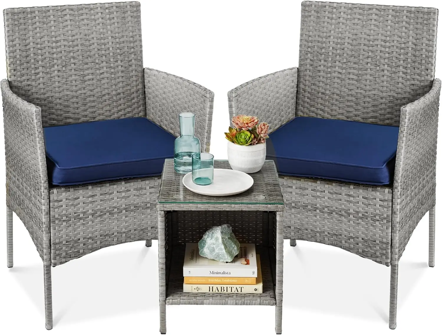 

Outdoor Wicker Bistro Set for Garden Patio with Side Table Gray Navy 3 Piece