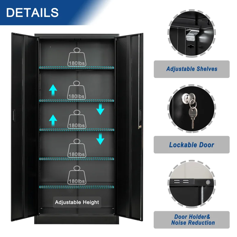 #￥Modern Adjustable Metal Lockable Storage Cabinet with 2 Doors for Kitchen Gym & Outdoor Use-Commercial Grade File Cabinet