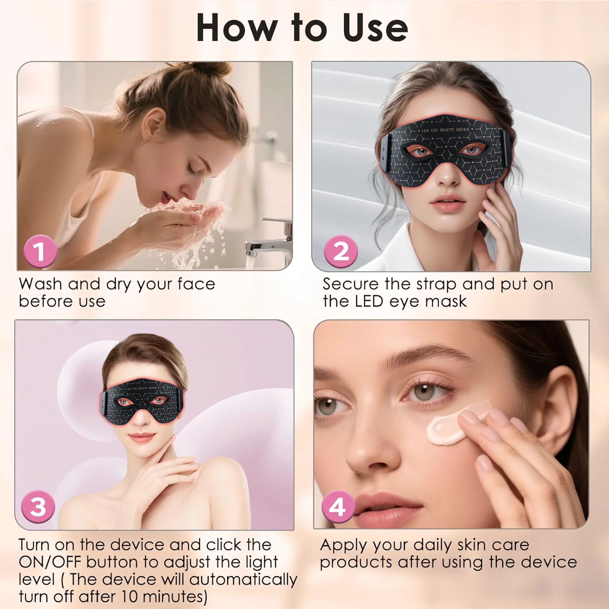 JVV 赤色光療法アイマスク、美容用LED赤外線、5つのモード、ワイヤレス＆充電式 - クリスマスギフトに最適