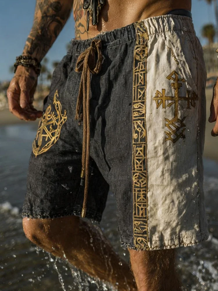 

New Men's Viking Retro Ethnic Totem Two-Tone 3D Print Casual Pants Men's Breathable Drawstring Straight-Leg Pants Summer Shorts