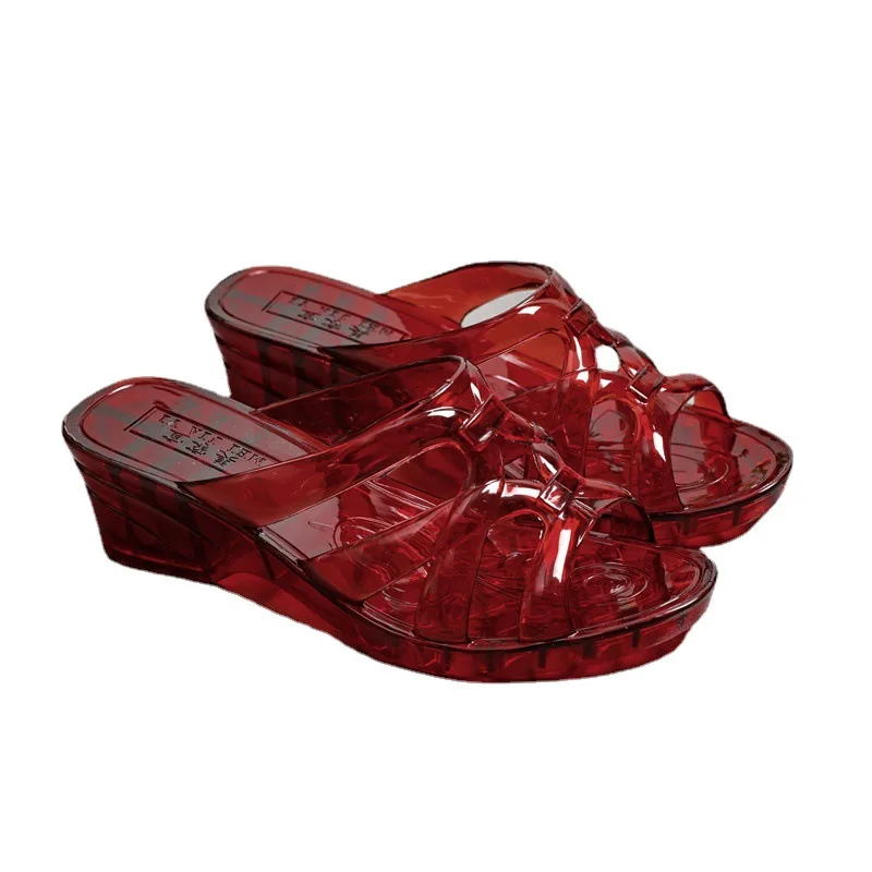 2023 New Home Crystal Plastic Slippers Women Indoor Open Toe Thick Bottom Slope Heel Non-slip Shoes Lady Slip-on Beach Sandals