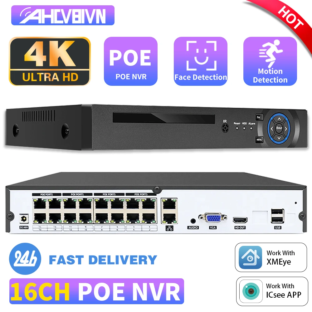 XMeye 16ch POE NVR 4K 8MP Support Network Video Recorder Register H.265+ 8T HDD 24/7 Recording IP Camera P2P System Security