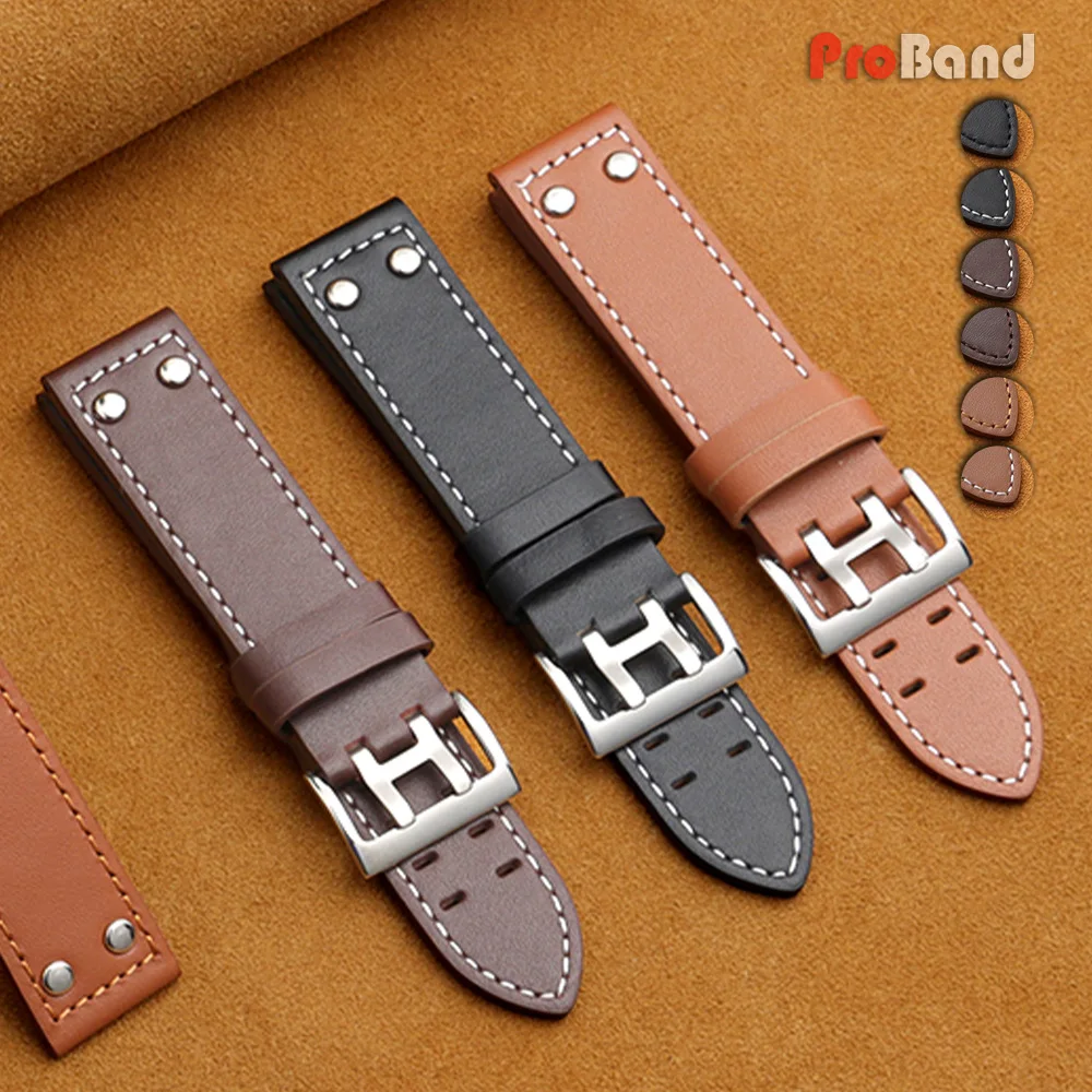 Genuine Leather Watchband for Hamilton Khaki Aviation Field 20mm 22mm Rivets Watch Strap Brown Watch Band Men's Women's Bracelet