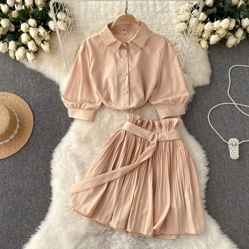 Two Peice Set For Women Summer Turn Down Collar Crop Top Shirt Pleated Mini Skirt Set Tracksuit Lounge Club Outfits Streetwear