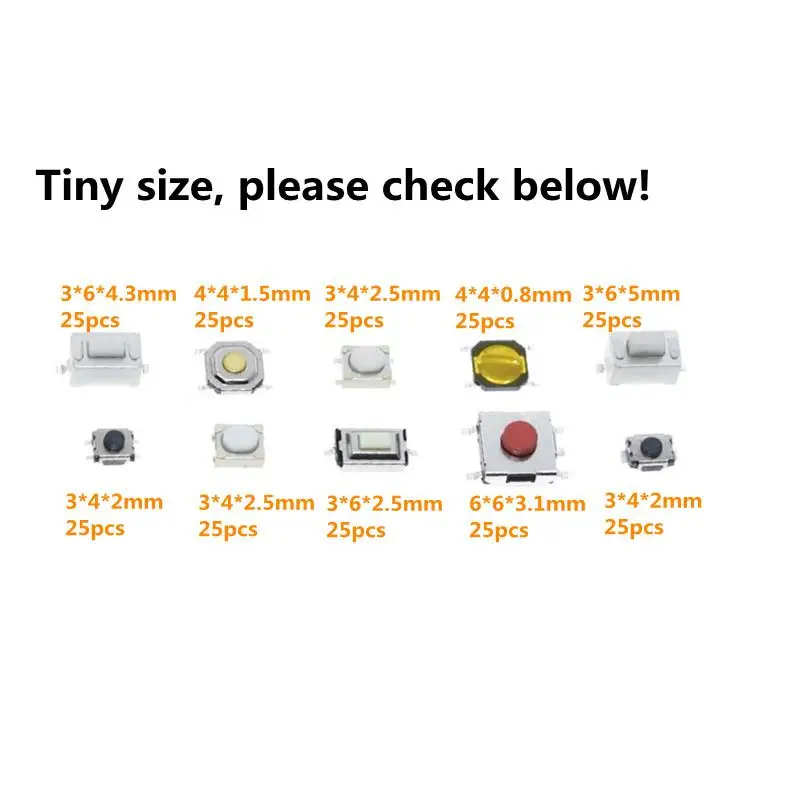 250Pcs SMD  10-Types Tactile Push Button Switch Car Remote Control Keys Button Touch Microswitch