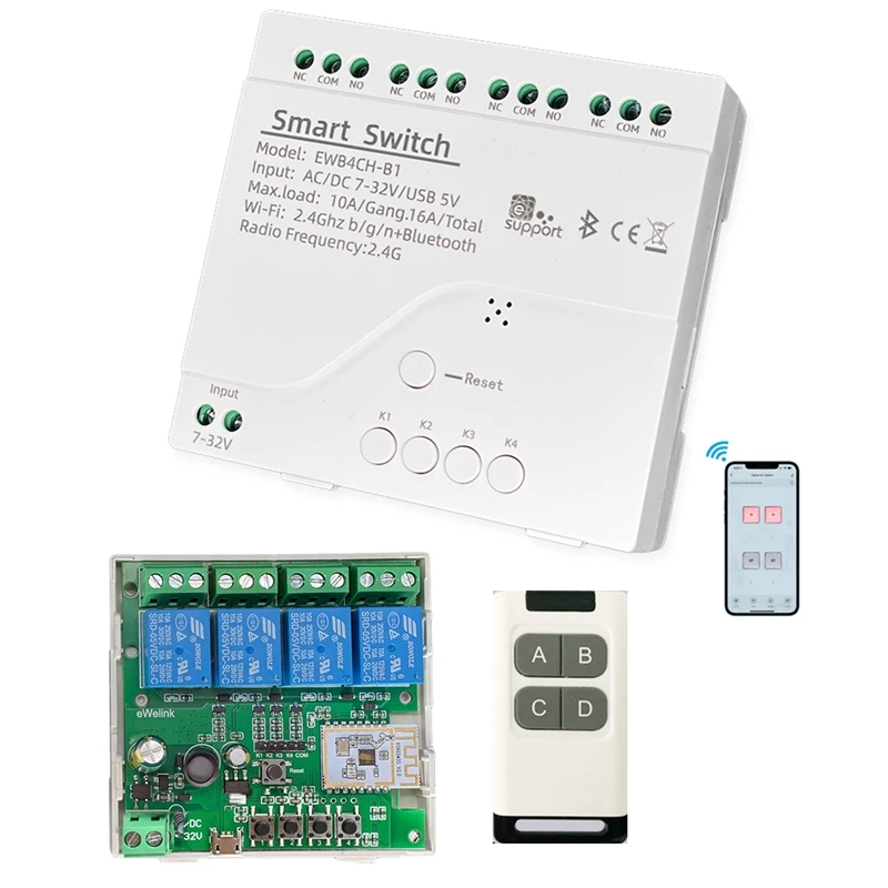 Ewelink 스마트 와이파이 블루투스 스위치 릴레이 모듈 + 원격 7-32V 온 오프 컨트롤러, 알렉사용 4CH 2.4G 와이파이 리모컨