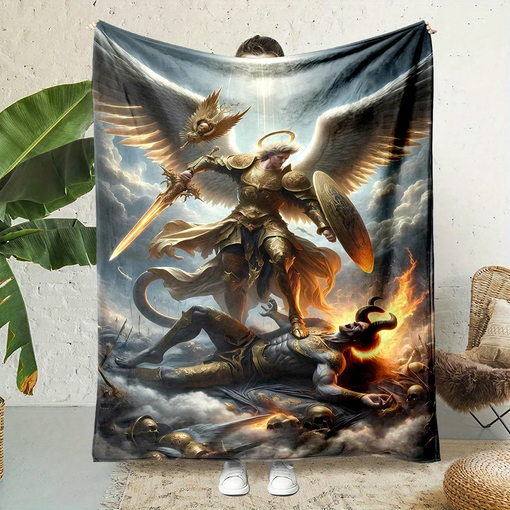 Large Fantasy Print Blanket Throw Tapestry Canvas Decor Medieval Angel Demon Warrior Epic Battle Mural Cozy Gift for Gamer