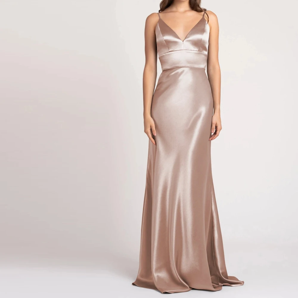 

Elegant Party Evening Dresses Woman V-Neck Sweep Train Floor Length Satin Sleeveless Spaghetti StrapsBespoke Occasion Gowns