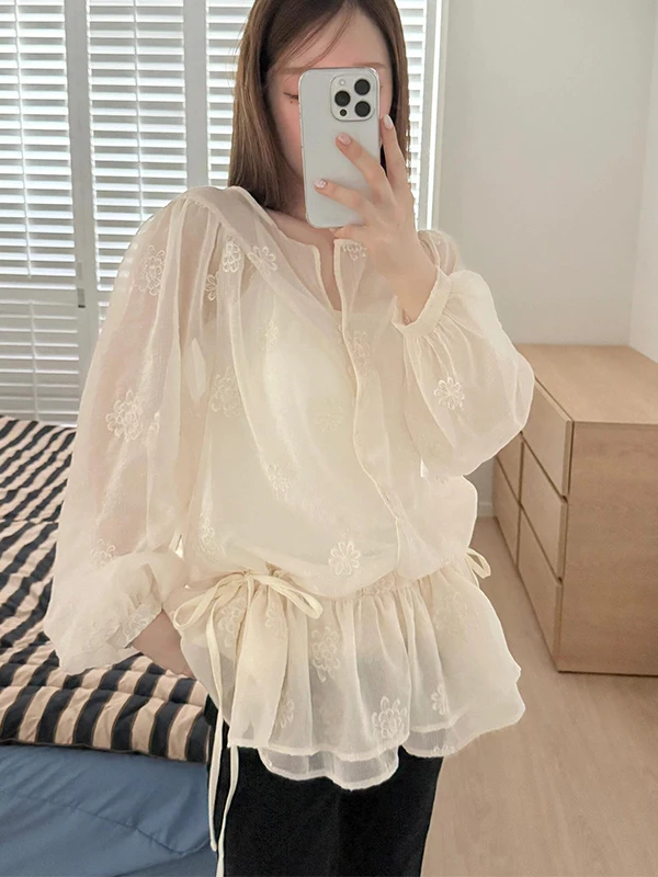

Sweet Embroidered See-tough Women's irt Summer Sun Protection Versatile Double-layer Lace Hem Tie Cover-up Thin Top